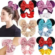 6 Pack Mouse Mickey Ears Scrunchies Velvet Sparkle Sequin Minnie Bows Hair Scrunchies Hair Ties Elastic Rubber Bands Ponytail Holders for Kids Women Girls Adult Christmas Party Decoration