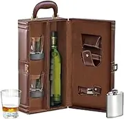 Travel | Portable Leatherette Bar Set | Wine Case | Whisky Case | Wooden Bar Set for Picnic | Portable Bar Accessories Set - Brown (Holds 01 Bottle & 02 Whisky Glasses)