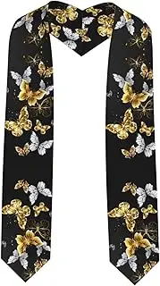[SKKNT] Gold White Butterflies Black Print Graduation Shawl Stole For Academic Commencements Honor Sash Congratulations Gift