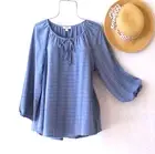 New~Blue & Navy Plaid Checked Peasant Blouse Shirt Flowy Boho Top~Size Large L