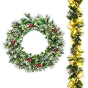 Costway Snowy 60cm Pre-lit Christmas Wreath & 2.7M Xmas Rattan Battery Operated w/Timer Green