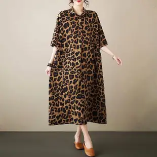 【巴黎精品】連身裙短袖洋裝(時尚豹紋襯衫式連身女裙子a1bn24)