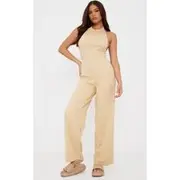 Camel Textured Halterneck Low Back Jumpsuit, Camel