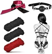 BDSM Shibari Bondage Rope with Blindfold & Ball Gag, Sex Bondage Kit, SM Slave Fetish Tie-Ups Restraint Kit Kinky Suspension Rope Adult Sex Toy for Women couples's Game