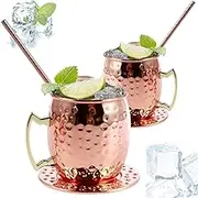 2Pcs Moscow Mule Mugs Set with Straw and Cup Mat 16 oz Large Copper Hammered Plating Cups with Handle 304 Stainless Steel Mugs Handmade Cups Set for Cocktail Beer Bar Party