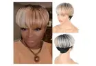 Short Pixie Cut Bob Wig with Bangs Ombre Grey Mixed Blonde Synthetic Straight