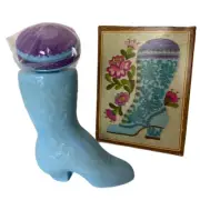 VINTAGE AVON PERFUME SONNET in BLUE GLASS FASHION BOOT PIN CUSHION DECANTER