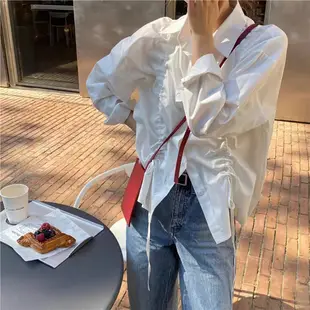 JILLI-KO 韓版鹽系抽繩設計感長袖襯衫中大尺碼- 白色