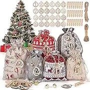 Christmas Advent Calendar Bags, Christmas Advent Bags, 24 Christmas Countdown Calendar Bags with Numbers, Burlap Bags Drawstring Bags Candy Bags for Home Decorations,