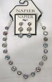 NAPIER MULTICOLOR CRYSTAL RHINESTONE BEZEL NECKLACE -EARRING SET JEWELRY LOT