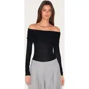 Black Sheer Soft Touch Fold Over Detail Bardot Long Sleeve Top, Black