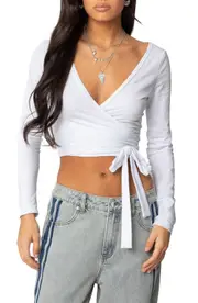 EDIKTED Aila Wrap Crop Top in White at Nordstrom, Size Medium