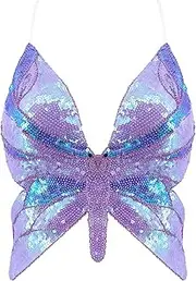 [Mocure] Womens Glitter Sequin Butterfly Crop Top Low-Cut Tank Top Rave Tube Vest Top for Belly Dance Costume Outfits