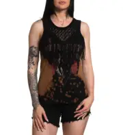 Affliction Women's BLOOD MOON Fringe Lace Wolf graphic bleach-wash Tank-Top NWT