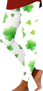 [Generic] St. Patrick's Day Leggings Shamrock Stretchy Tights Lucky Leaf Print Green Clover Yoga Pants for Parties and Festival