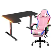 Advwin 140cm Black Gaming Desk RGB LED Light & Gaming Chair with Footrest LED Light Pink