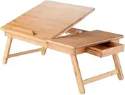 Bamboo Laptop Desk, Adjustable & Foldable Legs, 55 x 35 cm Large Stand with Drawer, Breakfast Serving Table, Tray for Study Eat Work Read On Bed & Sofa