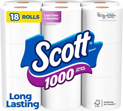 Scott 1000 Toilet Paper 1-Ply Septic Safe 18 Rolls Bath Tissue Clean