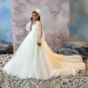 Kids Girls' First Communion Dress Party Dress Solid Color Sleeveless Long Sleeve Performance Wedding Party Mesh Princess Sweet Mesh Mid-Calf Sheath Dress Tulle