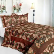 3 PC Bubbly brown red black white plaid patterns 100% Cotton Queen Quilt Shams
