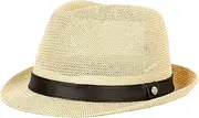 [Starsouce] Men's Fedora Hat with UV Protection Breathable Paper Straw Trilby Short Brim Summer Sun Hat for Outdoor Travel Casual Style