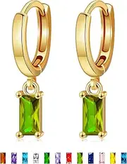 [MISS RIGHT] Dainty Gold Birthstone Small Huggie Hoop Dangle Earrings for Women Trendy Girls, Hypoallergenic Baguette Crystal Diamond Drop Earrings Gifts