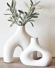 Donut Vase, Set of 2 - Minimalist Nordic, White Ceramic Hollow Donut Vase Decor | Table Centerpiece, Olive Plant, Wedding, Living Room, Bookshelf, Office, Modern Home, Entryway, Console