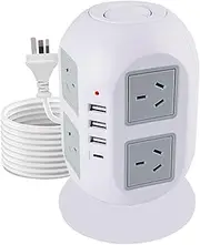 3.05 Meter Long Extension Cord Tower Surge Protector Power Strip Power Tower with Multiple Outlets, 8 AC Outlets with 3 USB-A Ports 1 USB-C Port, Charging Station with Surge Protection (White+Grey)
