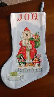 Completed Needle Treasurers Cross Stitch X-MAS Stocking POLAR BEAR “JON" JCA