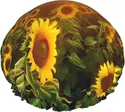 Sunflower Field Sunset Shower Cap Reusable Waterproof Shower Bonnet for Women Men Elastic Band Bath Hair Hat Double Layered Washable Bath Cap for All Hairstyles, Travel-Friendly