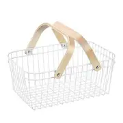 White Wire Storage Basket w/Wooden Handle Food Fruit Veggie Organizer 39X24X16CM