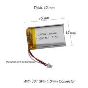 3.7V 1300mAh 4.81Wh Lipo Battery JST-SH 1.0mm 102540 For Car Camera DashCam GPS