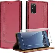 [JayModCase] Case for Samsung Galaxy S20 and Screen Protector, Premium Leather Flip Protective Case with Card Slots, Stand, Shockproof, Magnet, Mobile Phone Case for Samsung S20 - Red