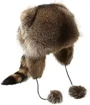 [Diiarin] Raccoon hat Winter Thermal Plush Furry Raccoon Tail Hat Ushanka Hat Faux Fur Hat Windproof Hooded Beanie Animal Themed Racoon Tail Costume Hat for Men Women Brown, Brown, Large