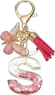 [uxcell] Initial Letter Keychain, Cute Tassel Butterfly Keychain Alphabet S Letter Charm for Women Girls Key Purse Handbag Backpack (Rose Red, Pack of 1)