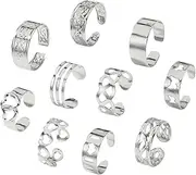 [Generic] Adjustable Toe Rings Set, 10 Pieces, Silver-Tone, Mixed Designs, Metal, No Gemstone