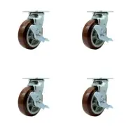 6 Inch Polyurethane Caster Set with Ball Bearings and Brake/Swivel Lock SCC