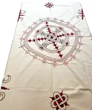 Handmade Boho Folk Art Style Tablecloth Celtic Knot Red Black Embroidery 96"x53"