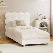 Oikiture Bed Frame Single Size Tufted Bedhead Boucle Fabric White