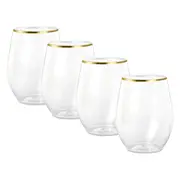 Gold Trim Plastic Stemless Wine Glasses 350ml (Pack of 4)