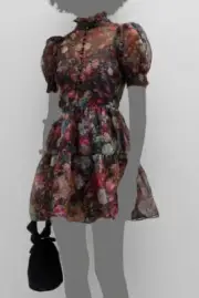 Alice + Olivia Women's Black Silk Vernita Tiered Button-Front Mini Dress Size 8