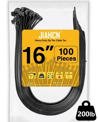 16 Inch Long Zip Ties (100 Pieces) Heavy Duty 200lbs Black Cable Ties Industr...