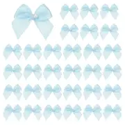 30 Pcs Mini Ribbon Bows, Flower Pearl Sewing Appliques Decoration(Light Blue)