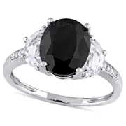 Oval Black Sapphire, Half-Moon Lab-Created White Sapphire and Diamond Accent Three Stone Ring in Sterling Silver
