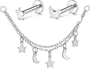 [JSDDE] Stud Earrings with Chain Silver Star Moon Helix Piercings 1.2 mm/16ga 6 mm Ear Piercing for Tragus Cartilage Conch Daith Cartilage