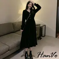 在飛比找momo購物網優惠-【HanVo】現貨 法式復古赫本風絲絨洋裝(宮廷風修身顯瘦連