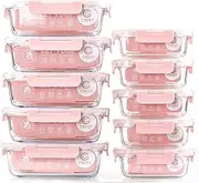 [10-Pack] Glass Meal Prep Containers - Food Storage Containers with Airtight Lids for Kitchen, Home Use - Glass Lunch Containers Pink