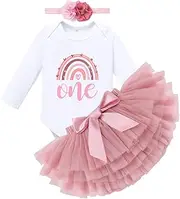[FYMNSI] Boho Rainbow First Birthday Outfit for Baby Girl Cake Smash Photo Shooting Romper Tutu Skirt Headwear 3pcs Set