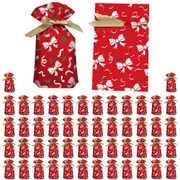 50Pcs Christmas Candy Treat Bags Wrapping Bags Xmas Party Drawstring Bags-Red