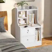 Bedside Table Bedroom Modern Minimalist White with Lockable Drawer & Open Storage